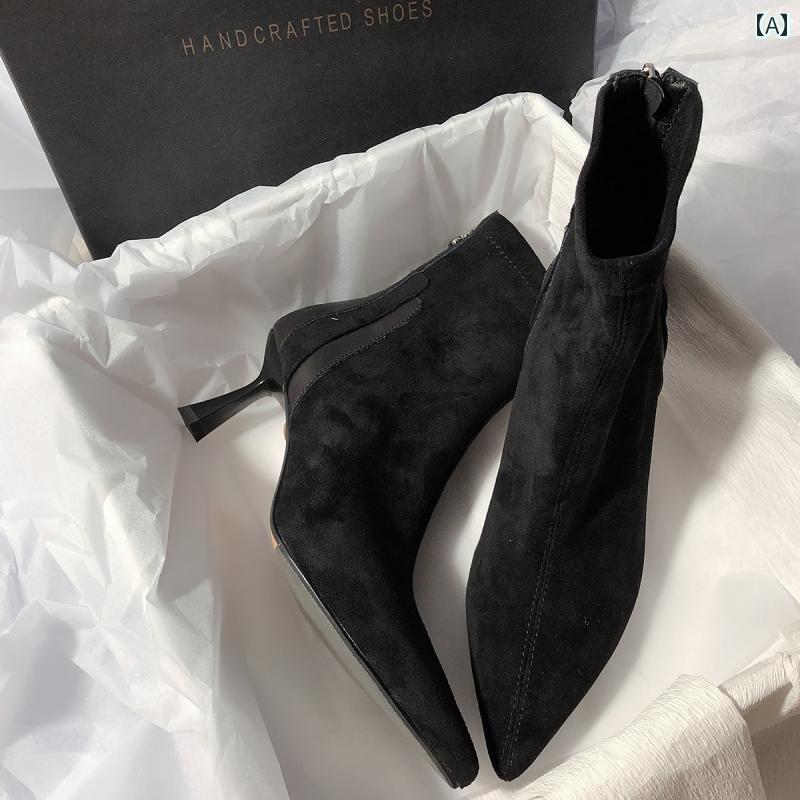 ショートブーツ レディース ポインテッドトゥ 細ヒール ストレッチ スリムフィット ハイヒール 本革 レザー 羊革 スエード 豚革 ブリテ..