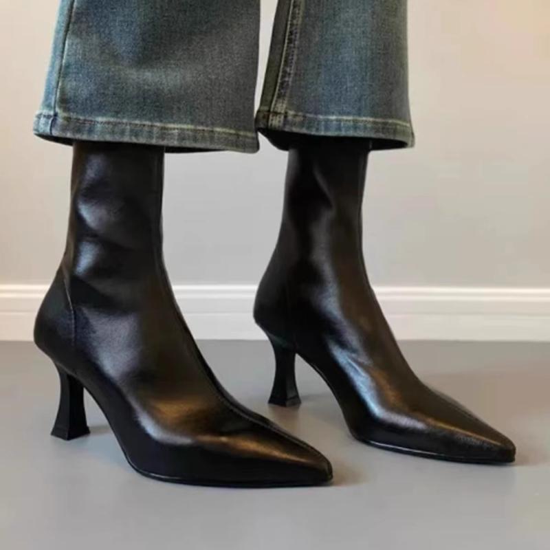 ブーツ レディース ショート丈 アンクル丈 ポインテッドトゥ ハイヒール ピンヒール 裏起毛 あったか ..