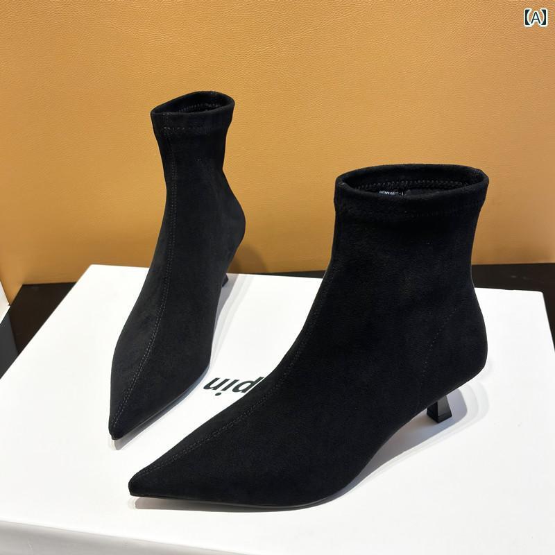 ブーツ レディース ショート アンクル スリム ポインテッドトゥ ピンヒール キトゥンヒール ローヒール..