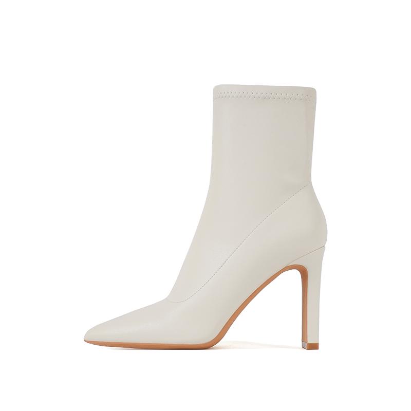ショートブーツ レディース アイボリー ポインテッドトゥ ハイヒール チャンキーヒール 伸縮性 スリムフィット 美脚 細見え マイクロファイバー 韓国 秋冬 通勤 お出かけ