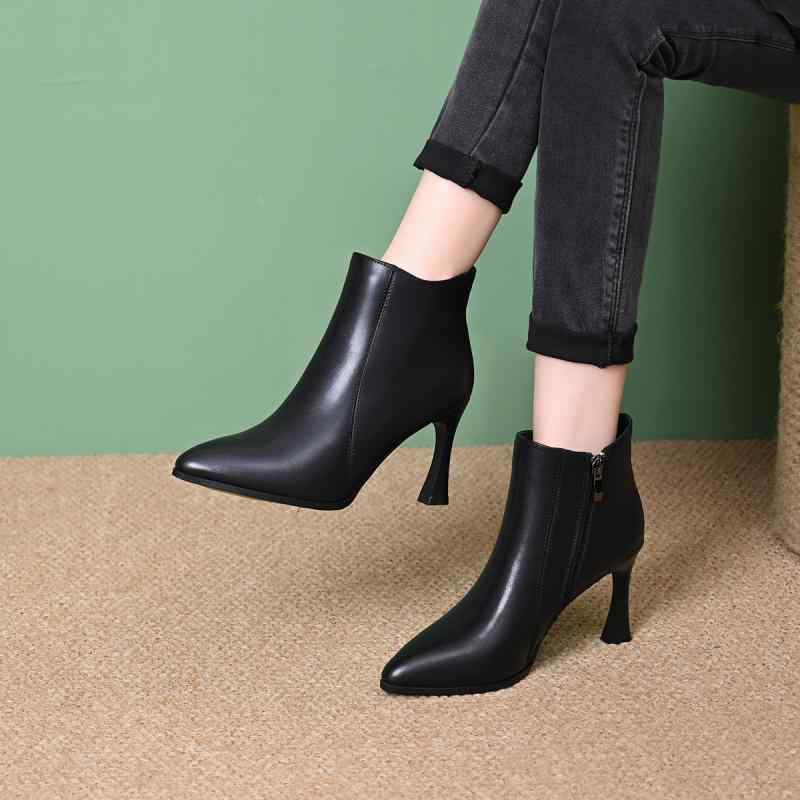 ショートブーツ レディース ブーティー 細ヒール ピンヒール ハイヒール ポインテッドトゥ 5-8cmヒール 裏起毛 防寒 暖かい サイドジップ レザーシューズ 革靴 牛革 秋冬 春夏 通勤 オフィス 普段使い デイリー 黒 オフホワイト ブラウン