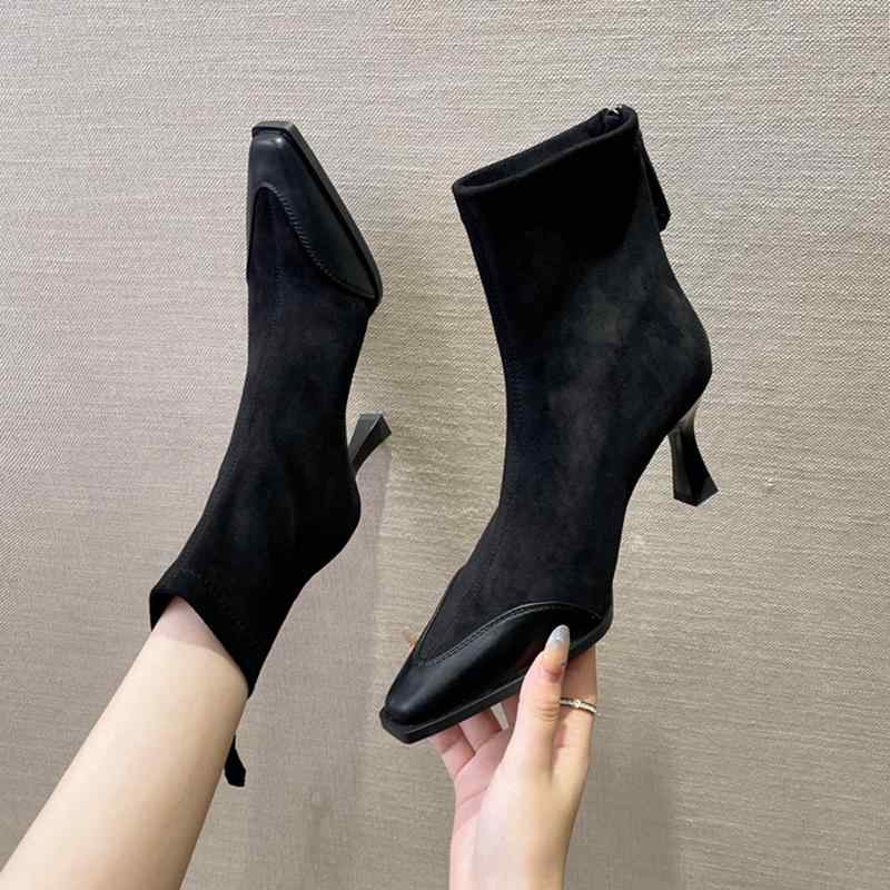 ショートブーツ レディース スエード 細ヒール スティレットヒール ポインテッドトゥ 切り替え ハイヒール バックジッパー チェルシーブーツ 秋冬 韓国 配色 PUレザー 裏ボア 黒 キャラメル