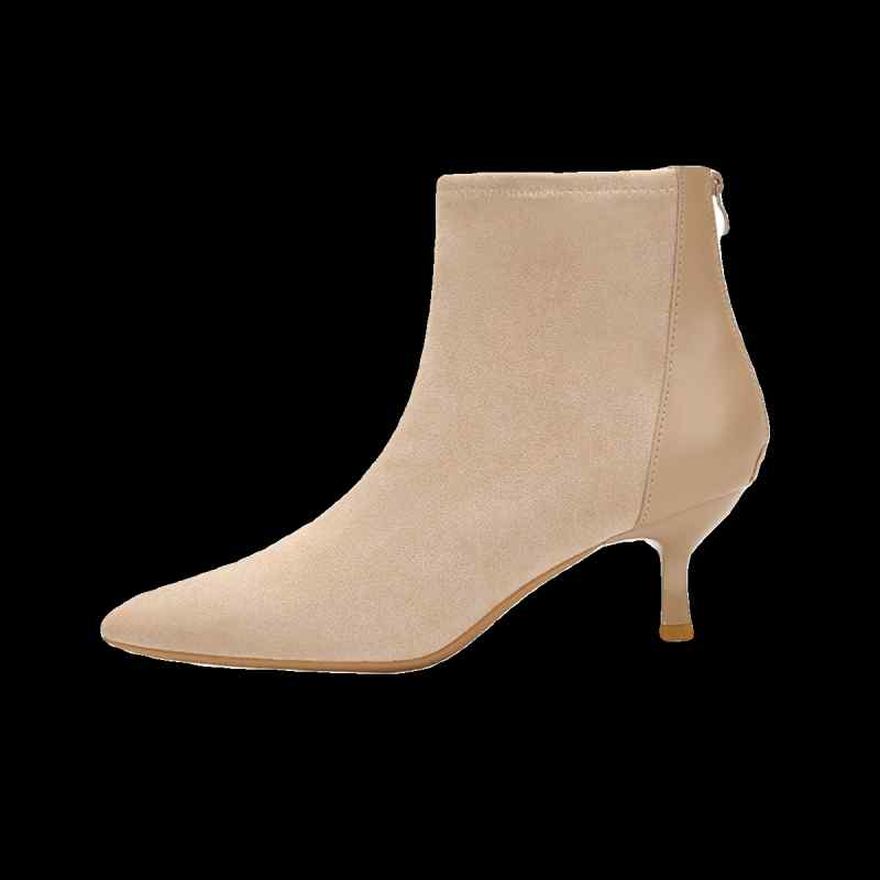 ブーツ レディース ポインテッドトゥ スエード 細ヒール ミドルヒール アンクル丈 美脚 ショートブーツ スタイルアップ 羊革 後ろジッパー 冬 ファッション カジュアル 通勤 オフィス ブラック ヌードカラー