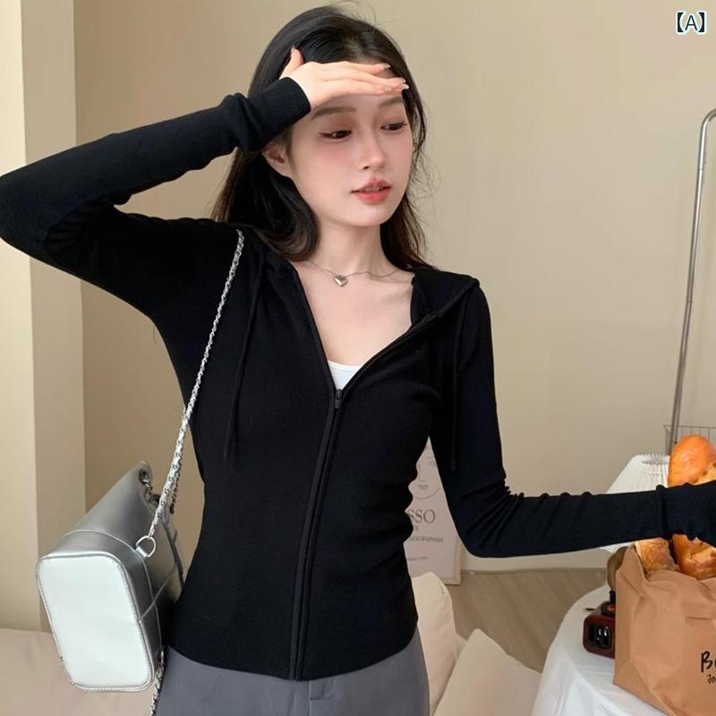 カーディガン レディース フード付き ジップアップ ニットアウター ジャケット 黒 ブラウン 長袖 細見..