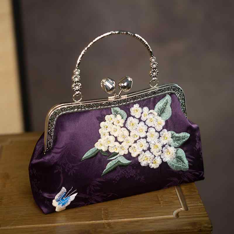 バッグ レディース ハンドメイド レトロ ヴィンテージ風 刺繍 チャイナドレス用 ハンドバッグ ショルダーバッグ 斜め掛け 口金 コンパクト ダークグリーン パープル ブルー