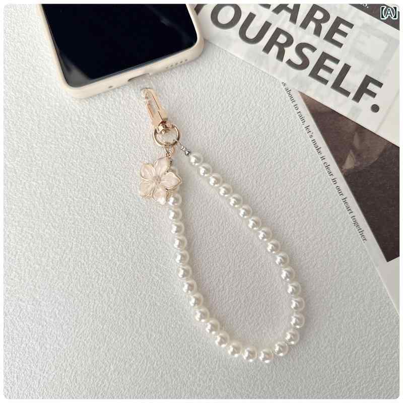 スマホ ストラップ 携帯用 ショート丈 桜モチーフ パール ビーズ チェーン 手作り ハンドメイド 上品 かわいい 軽量 リストストラップ キーホルダー USBメモリ ゴールド シルバー