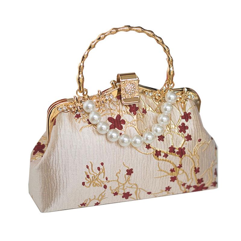 バッグ レディース がま口 ハンドバッグ 結婚式 披露宴 パーティー 婚礼 宴会 花嫁 新婦 親族 年配向け チャイナドレス 秀禾服 和装 紅梅柄 ゴールド ポリエステル 織花