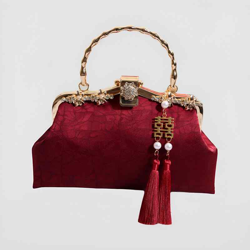 バッグ レディース 結婚式 ウェディング ブライダル 花嫁 新婦 介添人 フォーマル お呼ばれ パーティー ドレス チャイナドレス 口金 ハンドバッグ ショルダーバッグ 斜め掛け クラッチ 鞄 レトロ ラインストーン タッセル チェーンストラップ