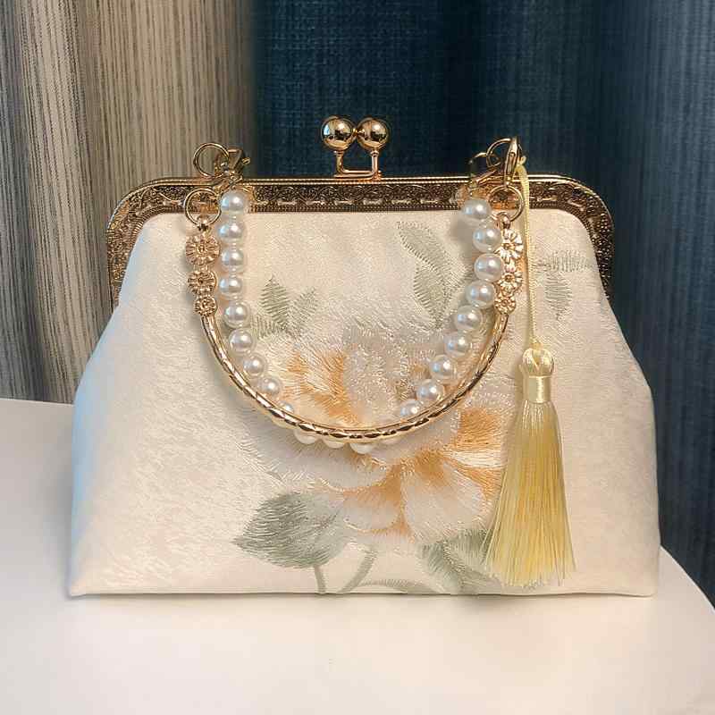 バッグ レディース 刺繍 花柄 がま口 中国風 レトロ 漢服テイスト 斜め掛け ショルダーバッグ 手提げ 大容量 スクエア 調 普段使い カジュアル ロック金具(4.0)