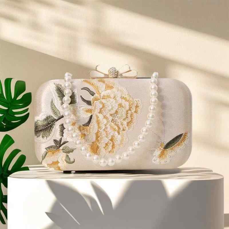 クラッチバッグ ミセス 母親 レトロ チャイナドレス風 刺繡 花柄 織物 シャンパンゴールド ブラック パーティー 結婚式 フォーマル ハンドバッグ ショルダー 手持ち