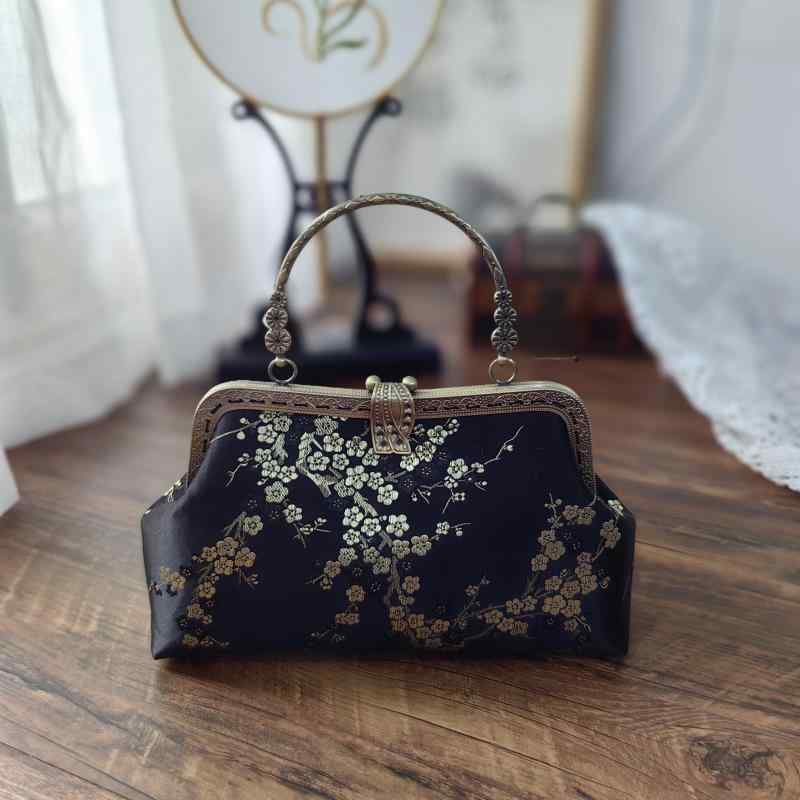 がま口バッグ レディース レトロ 中国風 ネオチャイニーズスタイル 漢服 手提げ 斜め掛け ショルダーバッグ ポリエステル チェーン 小さめ 普段使い 梅 鳳凰 黒