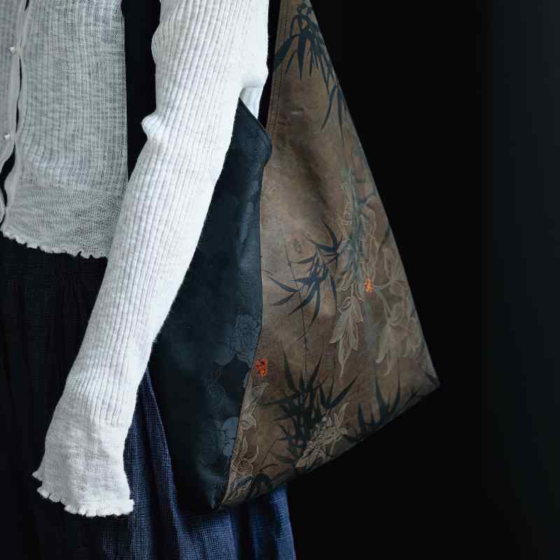 バッグ メンズ レディース 香雲紗 レトロアジアン 切り替え トート 肩掛け 手提げ 大容量 内ポケット マグネット開閉 折りたたみ ウォッシャブル ソフト 普段使い ブラウン 春夏(4.0)