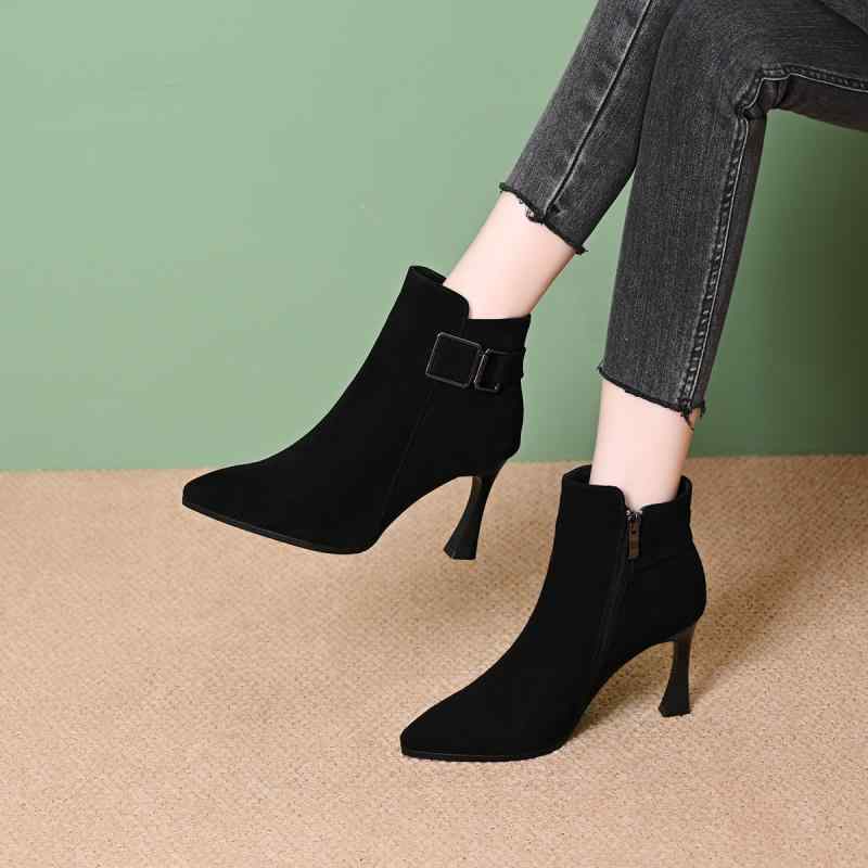 ブーツ レディース ショートブーツ アンクルブーツ スエード ハイヒール ピンヒール 裏起毛 ポインテッドトゥ 通勤 オフィス 普段使い ..