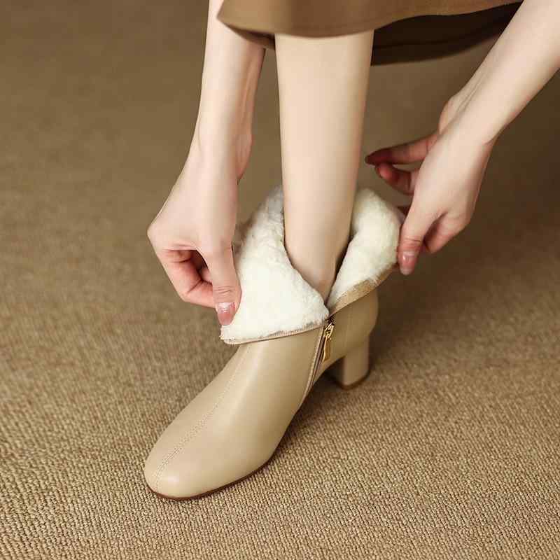 レディース ショートブーツ ブーティ 本革 レザー ムートン ウール 裏ボア 裏起毛 厚手 保温 防寒 ロー..