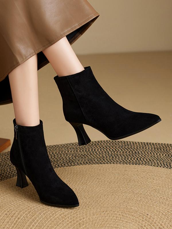 ショートブーツ レディース 本革 羊革 スエード ラムレザー ハイヒール スリムフィット ポインテッドト..