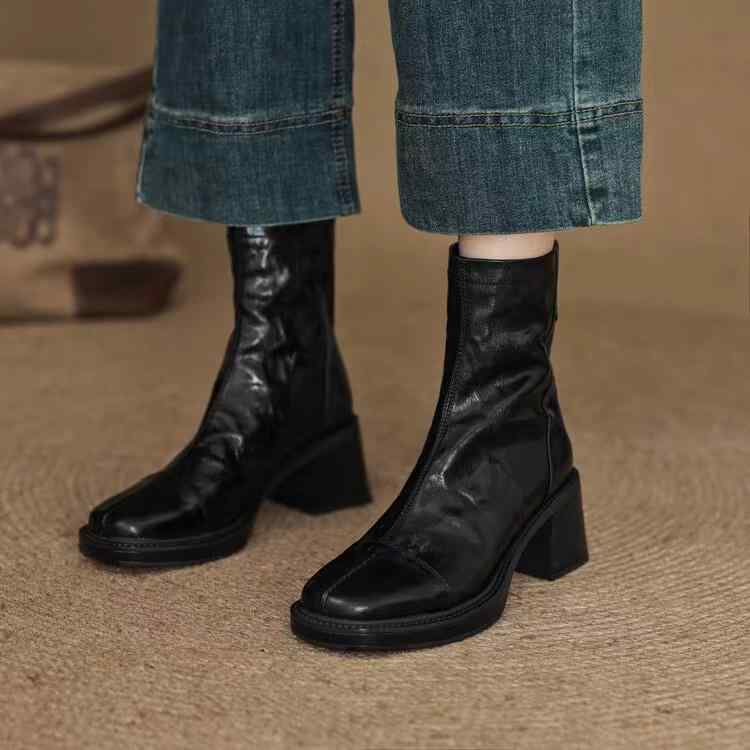 ショートブーツ レディース フレンチスタイル レトロ 羊革 ラムスキン スクエアトゥ 太ヒール チャンキ..