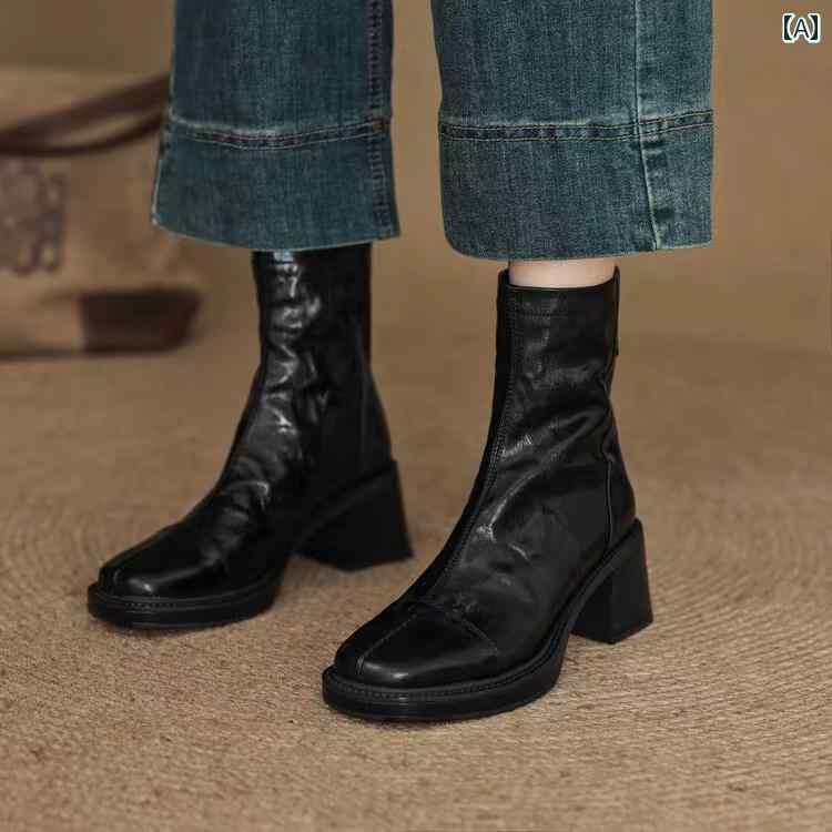 ショートブーツ レディース フレンチスタイル レトロ 羊革 ラムスキン スクエアトゥ 太ヒール チャンキーヒール ハイヒール 後ろファスナー バックジップ 手絞り模様 豚革 ゴム底 カジュアル アンクルブーツ 黒 茶 秋冬