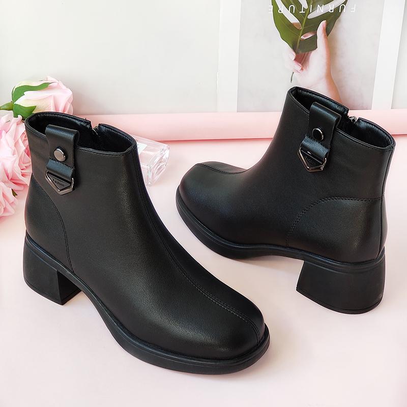 ブーツ レディース ママ 女性用 ショートブーツ 本革 リアルレザー 太ヒール チャンキーヒール 裏起毛 ..