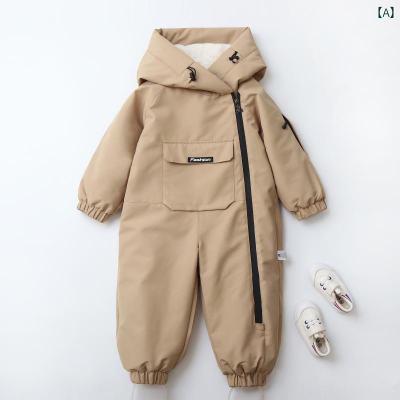 スキーウェア キッズ ベビー 男の子 女の子 3層複合 フード付き 裏起毛 極厚 ロンパース 防風 防水 透湿 洗濯機可 ポリエステル 雪遊び お出かけ着 冬 長袖 カーキ 紫 栗