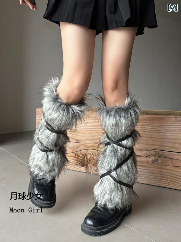 レッグウォーマー レディース Y2K ギャルスタイル 結び紐 綁帶 もこもこ フェイクファー 足カバー ふわふわ 美脚 シェイプアップ ダンス 衣...