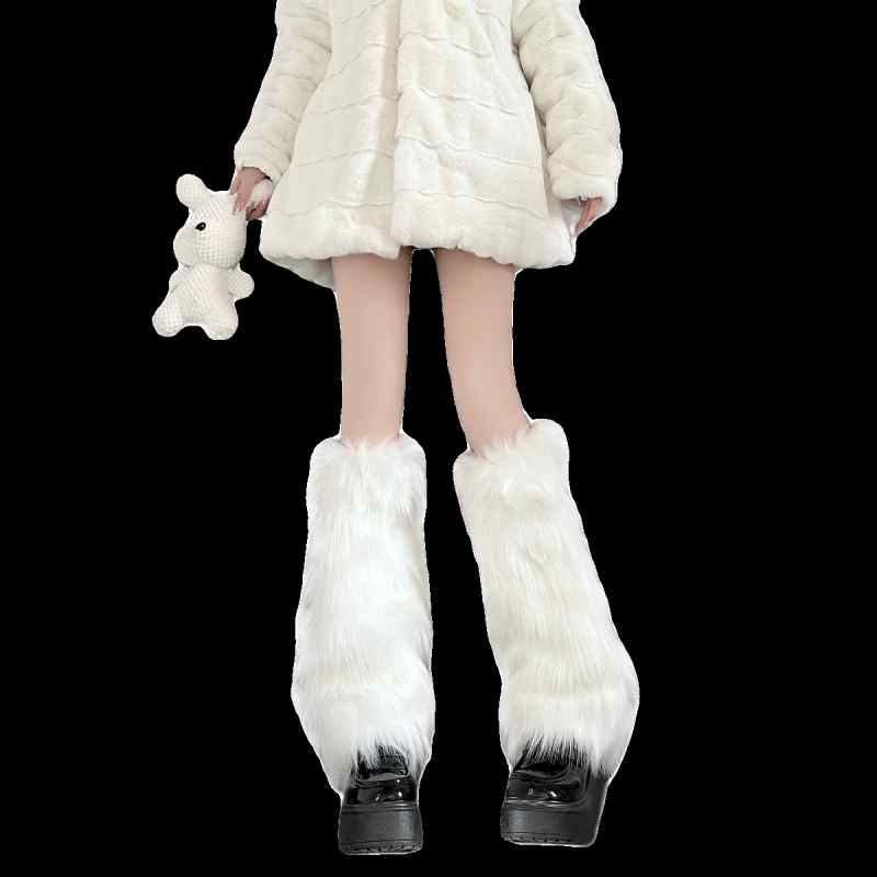 レッグウォーマー レディース y2k サブカルチャー もこもこ ファー ルーズソックス ミドル丈 ロング丈 防寒 保温 暖かい 秋冬 ストリート 無地 フリーサイズ ホワイト ブラック グレー(4)