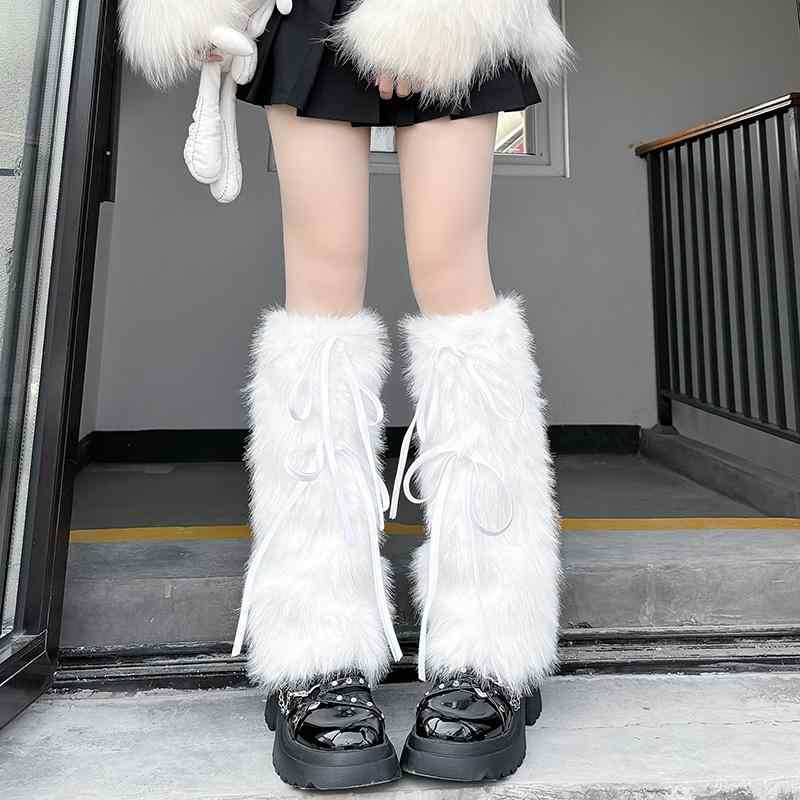 レッグウォーマー レディース Y2K ギャルファッション もこもこ ファー ルーズソックス風 リボン 結び紐 ロング丈 厚手 あったか 防寒 着痩せ 秋冬 カジ...