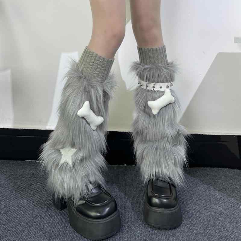 レッグウォーマー レディース Y2Kギャル フェイクファー もこもこ ルーズソックス インスタ映え 甘辛 冬 防寒 厚手 ミドル丈 美脚 ボリューム感 グレー ...