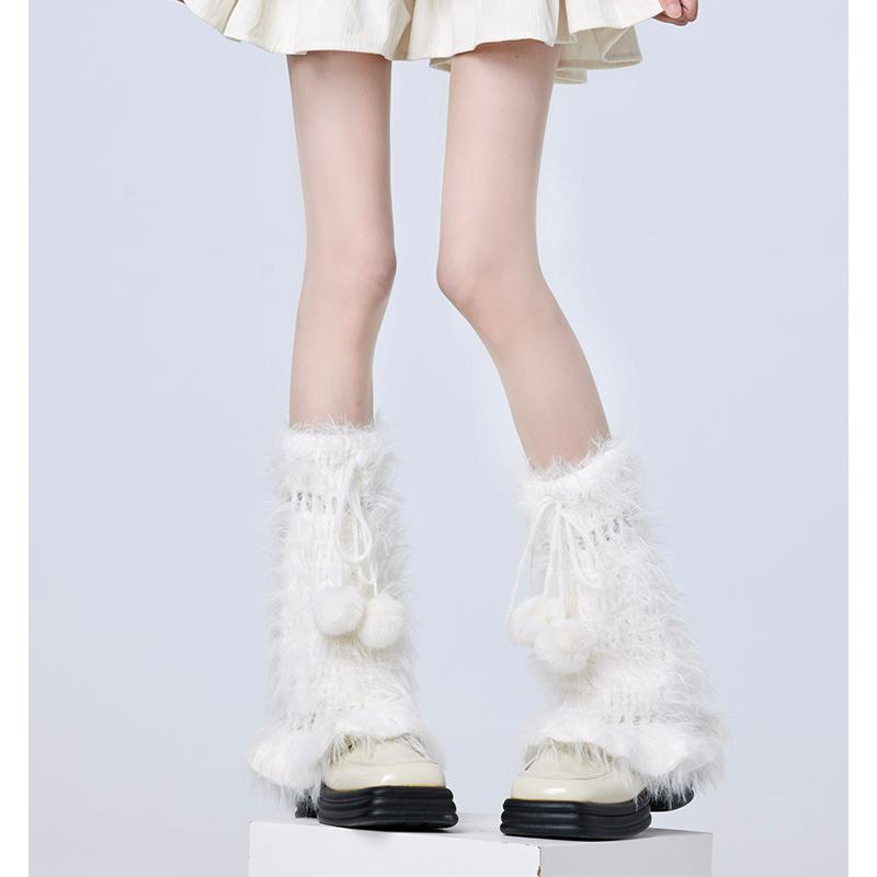 レッグウォーマー レディース ラビットファー ファーボール もこもこ フレア かわいい Y2K トレンド カジュアル ストリート ファッション 白 保温性 美脚効果 スタイルアップ ナイロン 秋冬(4.0)