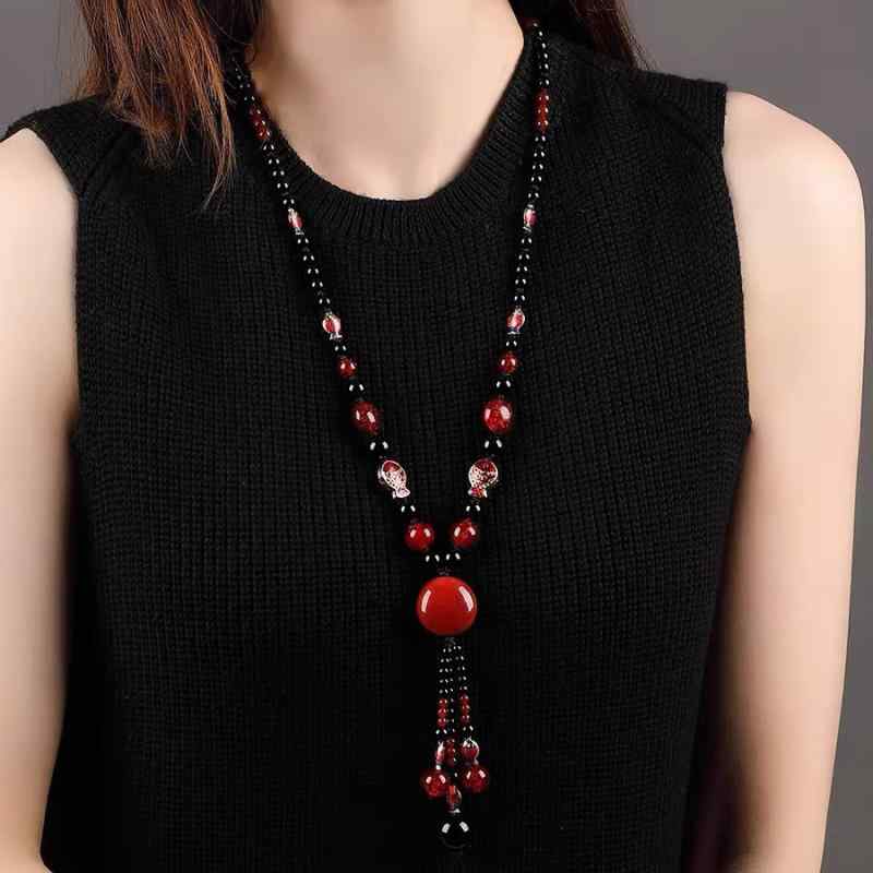 ネックレス メンズ レディース ロング メノウ 石 ペンダント セーターチェーン レトロ 民族調 エスニック アンティーク風 秋冬 ファッション アクセサリー 首飾り 普段使い デイリー