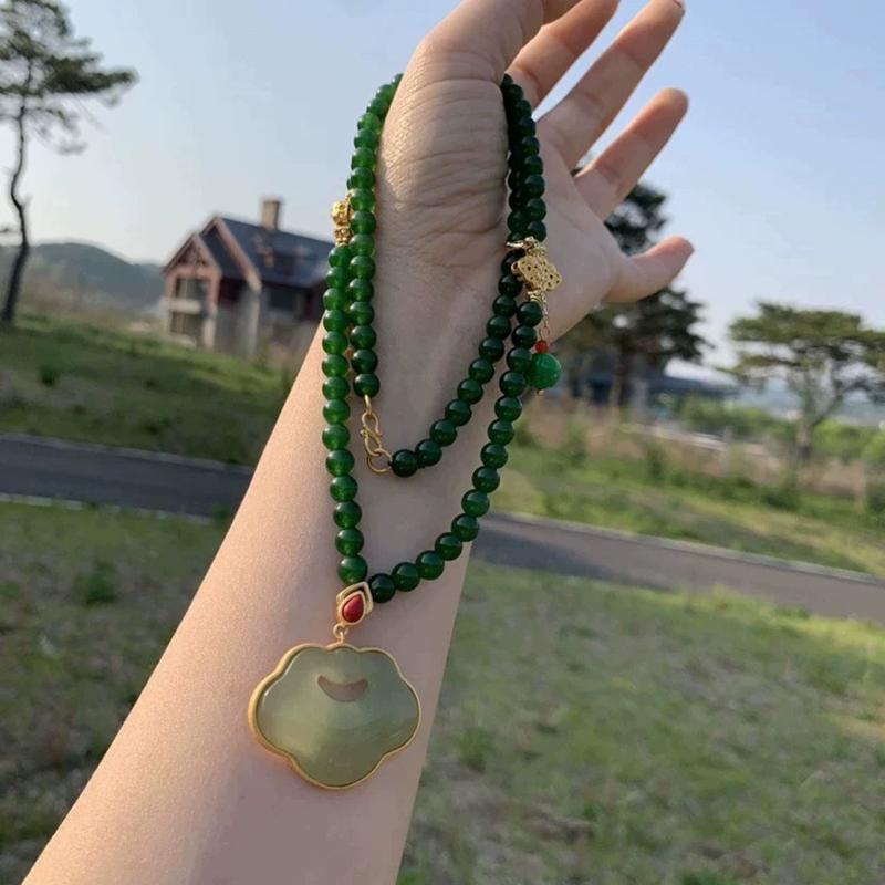 アクセサリー レディース エメラルド 玉石 石 ネックレス 首飾り 中国風 漢服 チャイナドレス 和装 古風 如意ロック ペンダント ビーズ レトロ エレガント アジアン