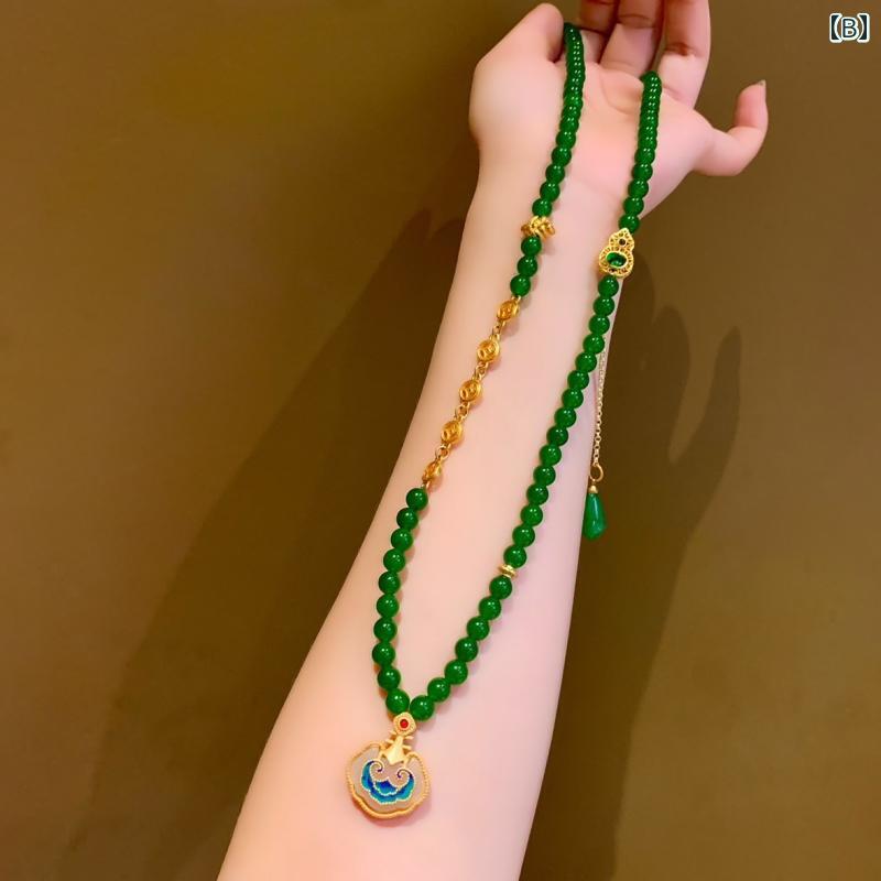 アクセサリー レディース エメラルド 玉石 石 ネックレス 首飾り 中国風 漢服 チャイナドレス 和装 古風 如意ロック ペンダント ビーズ レトロ エレガント アジアン 3