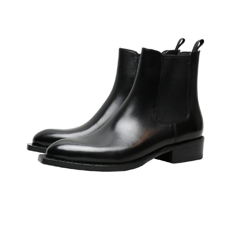 チェルシーブーツ メンズ デザイナーズ UKスタイル ポインテッドトゥ 本革 牛革 厚底 3.5cmヒール ラバーソール ビジネス カジュアル 通勤 オフィス ハンドメイド 黒 秋冬