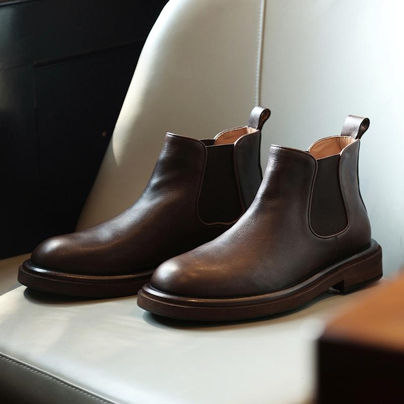 ブーツ メンズ ブリティッシュ 本革 牛革 ラウンドトゥ カジュアル ハイカット 厚底 シークレットソール 通気性 耐摩耗性 ショート丈 チェルシーブーツ 春秋 ブラック コーヒー