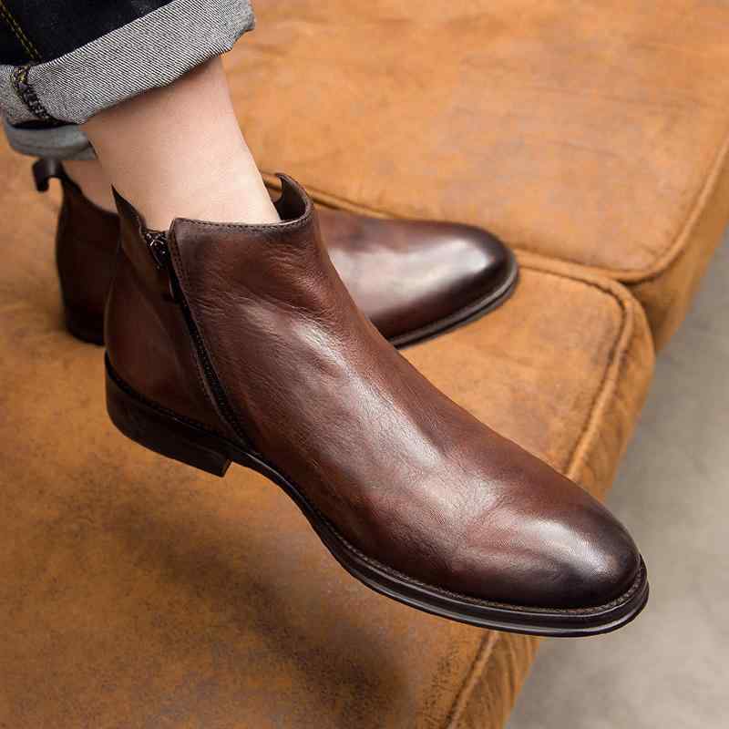 ショートブーツ メンズ チェルシーブーツ 本革 牛革 レザー ジッパー ファスナー 裏起毛 保温 暖かい カジュアル ブリティッシュ 英国風 秋冬 黒 カフェブラウン