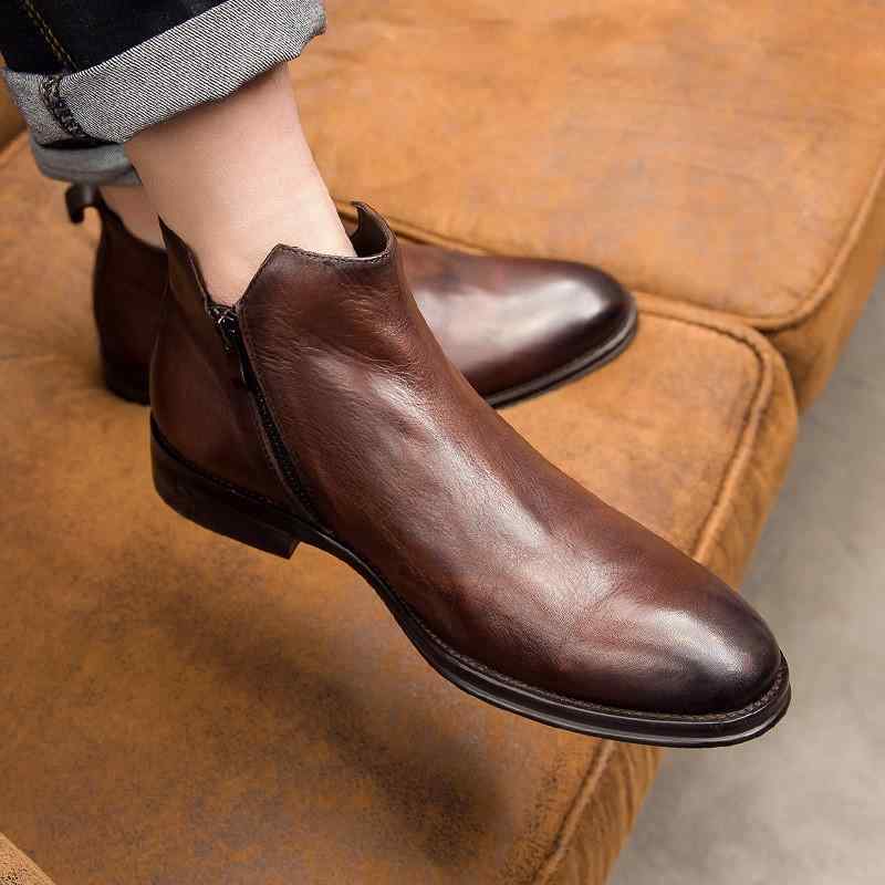 ブーツ メンズ 男性用 チェルシーブーツ ショートブーツ 冬季 裏ボア 本革 牛革 保温 あったか ハイカット ラウンドトゥ 厚底 ビジネス 通勤 英国風 韓国 黒 コーヒー ブラウン 革靴 レザーシューズ