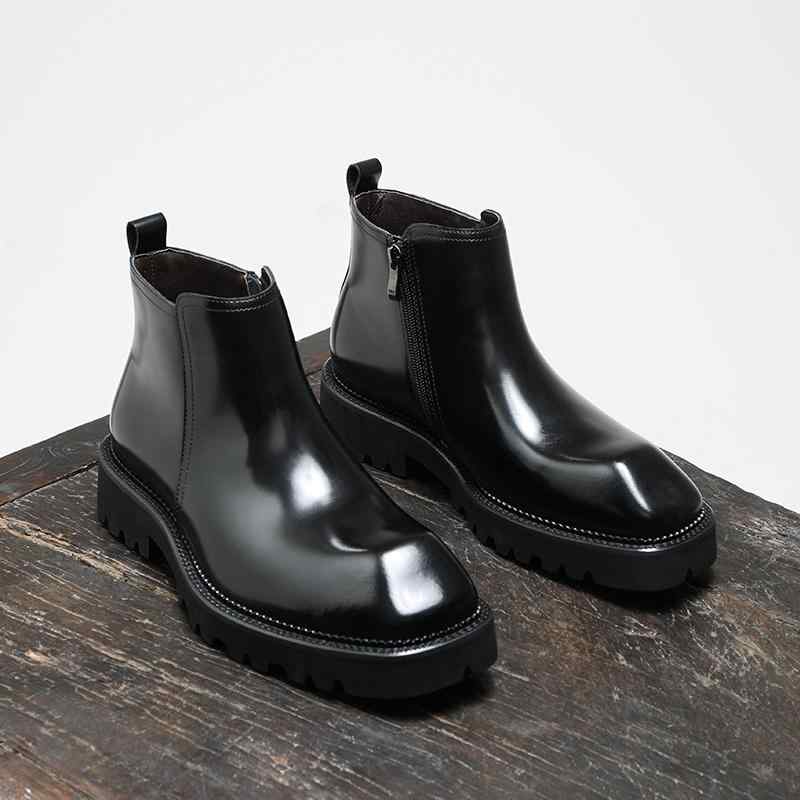 ショートブーツ メンズ 男性用 本革 牛革 ファスナー ハイカット 厚底 シークレットブーツ ビジネス カジュアル チェルシー レザーブーツ ブリティッシュスタイル スクエアトゥ 冬 黒 コーヒー
