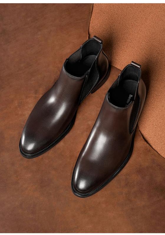 チェルシーブーツ メンズ 牛革 羊革 本革 ショート丈 ハイカット ポインテッドトゥ フラットヒール ローヒール プルオン式 ビジネス フォーマル 通勤 オフィス 秋冬