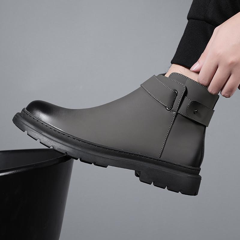 ショートブーツ メンズ 男性用 チェルシータイプ タイプ 裏ボア 軽量 革靴 レザーシューズ ブリティッシュ レトロ クラシック ミッドカット カジュアル おしゃれ トレンド カーキ ブラック 秋冬