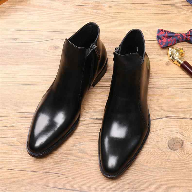 革靴 メンズ チェルシーブーツ 本革 牛革 裏起毛 ハイカット サイドゴア ポインテッドトゥ 厚底 ワックスレザー ビジネス フォーマル 通勤 紳士靴 トラッド 耐久性 冬 黒 レッドブラウン