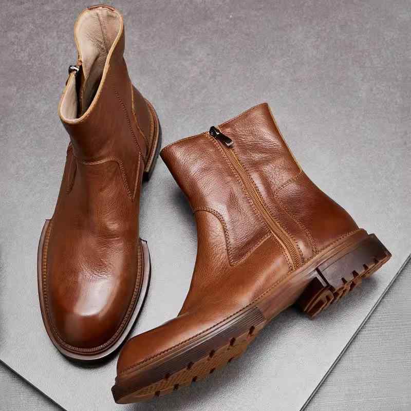 ブーツ メンズ 男性用 春夏 ハイカット 本革 牛革 レザー 厚底 サイドジップ ショート丈 カジュアル 耐摩耗 ラバーソール ラウンドトゥ チェルシーブーツ ブラック レッドブラウン