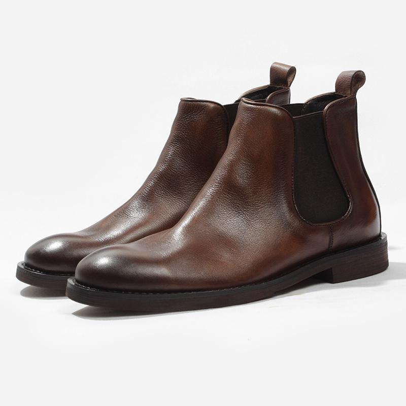 チェルシーブーツ メンズ 秋冬 ラウンドトゥ 本革 牛革 ショートブーツ スリッポン ローヒール フラットヒール カジュアル ビジネス ブリット レトロ クラシック 耐摩耗性 ラバーソール ステッチ ブラック ブラウン