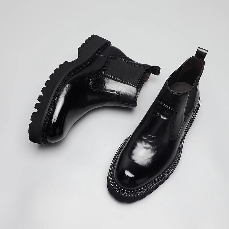 ブーツ メンズ 秋冬 本革 牛革 レザー チェルシーブーツ サイドゴア スリッポン ミドル丈 厚底 ラウンドトゥ シボ加工 コンバット 耐摩耗 ビジネス カジュアル 黒