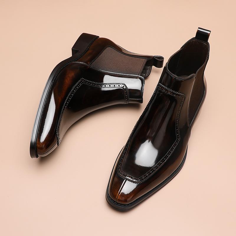 チェルシーブーツ メンズ 英国風 ブローグ 本革 牛革 ハイカット ミドル丈 スクエアトゥ ローヒール 保..