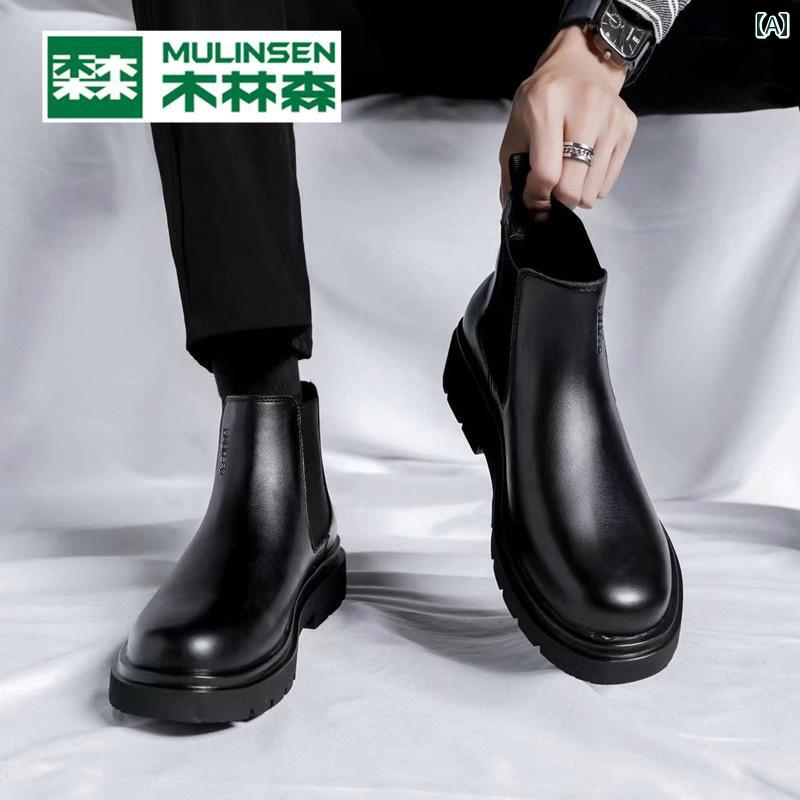 ブーツ メンズ チェルシーブーツ サイドゴアブーツ ショートブーツ ミドルカット 本革 レザー 裏起毛 ボア 暖かい 耐久性 ラウンドトゥ 厚底 カジュアル 普段使い 秋冬 ブラック