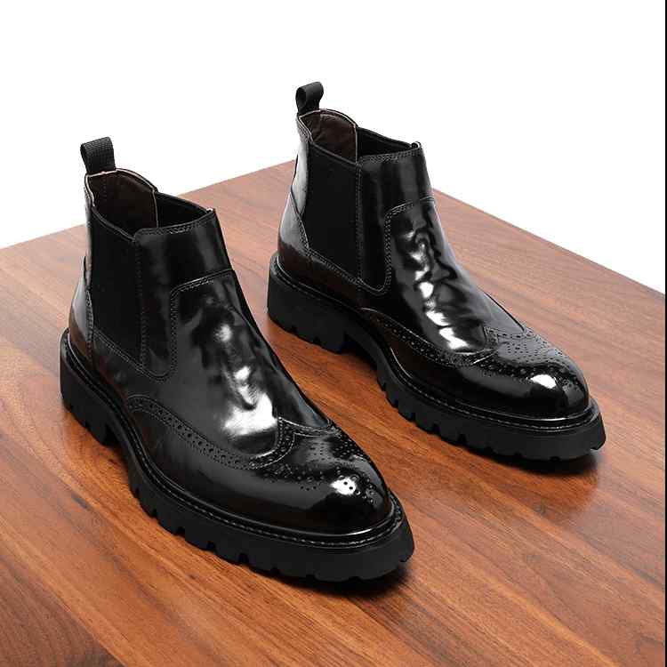 ブーツ メンズ チェルシーブーツ 本革 牛革 レザー ブローグ メダリオン シボ加工 裏起毛 保温 防寒 厚底 ポインテッドトゥ インヒール 秋冬 カジュアル クラシック ブラック