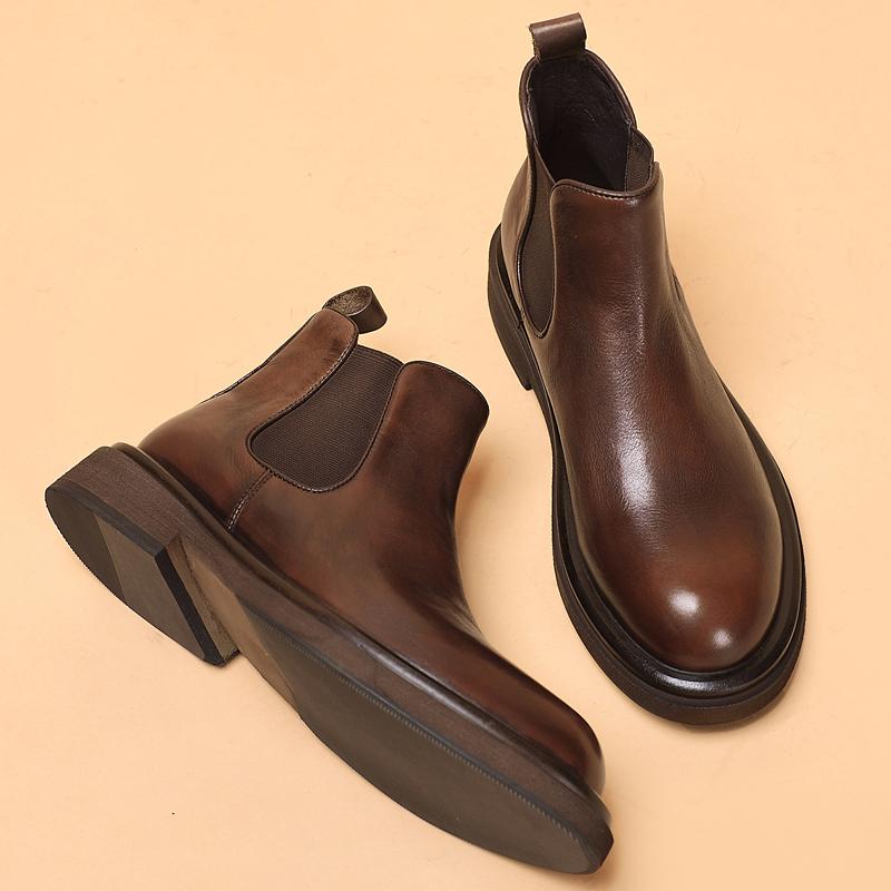 チェルシーブーツ メンズ 男性用 本革 リアルレザー 牛革 ハイカット ショートブーツ 厚底 裏起毛 防寒 暖かい 耐摩耗 ラウンドトゥ ブリティッシュ レトロ クラシック カジュアル 秋冬 普段使い 通勤 黒 ブラウン