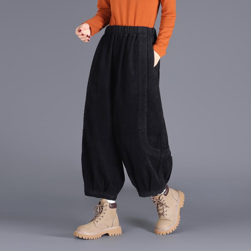 パンツ レディース 女性用 レトロ カジュアル コーデュロイ 灯籠パンツ バルーンパンツ 裏起毛 厚手 八分丈 クロップド丈 細見え 小柄向け ワイド ガウチョ ハイウエスト 綿 コットン ゆったり 防寒 あったか 秋冬 普段使い ブラック ブラウン