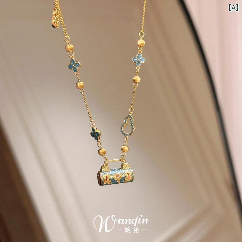 ネックレス レディース 中国風 七宝焼き 平安錠 ペンダント 鎖骨チェーン チョーカー レトロ 宮廷風 民族風 バイカラー ゴールドメッキ 人工 半貴石 合金製 高保色 色褪せにくい 春夏 ファッション お出かけ カジュアル