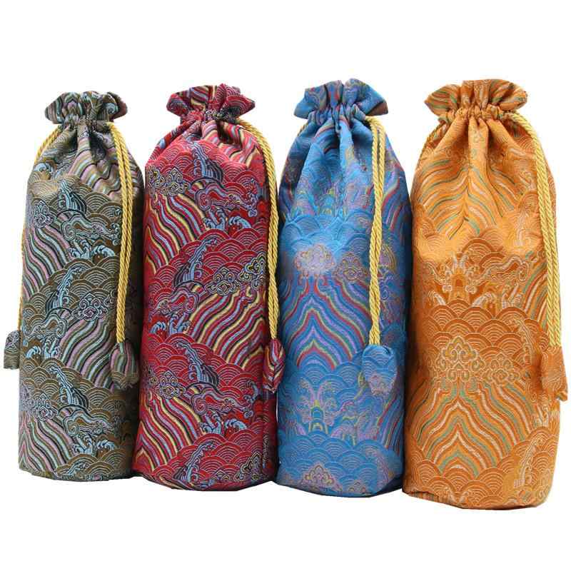 巾着袋 おしゃれ 小物入れ 直筒 丸底 ロング レトロ 収納 ポーチ アクセサリー 茶器 ティーカップ コレ..