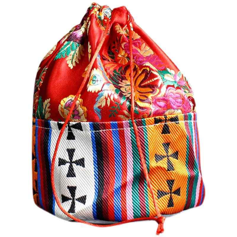 巾着袋 おしゃれ ポーチ チベット 民族 刺繍 伝統 お守り 小物入れ 収納 布 ミニ コンパクト エスニッ..